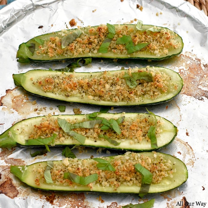 Roasted zucchini stuffed with parmesan breadcrumbs is an easy vegetable side that is loaded with flavor and texture. 