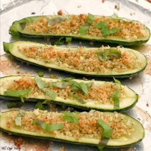 Roasted Zucchini Stuffed with Parmesan Breadcrumbs is an easy vegetable side that has lots of flavor and texture. It can be prepared ahead of time and roasted before serving.
