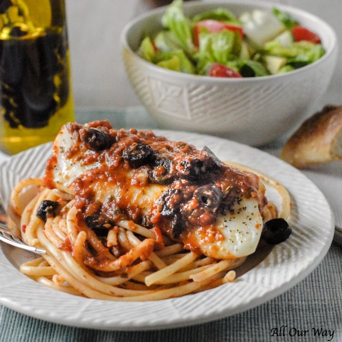 Baked Cod Puttanesca is a quick and easy recipe that cooks fillets in a spicy tomato sauce that's boosted with kalamata olives, capers, and red pepper flakes. 