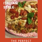 A closeup of the baked flounder made in one pan with cherry tomatoes and topped with fresh basil.