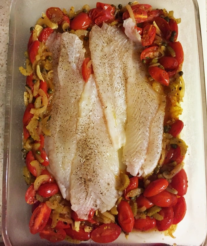 Baked Flounder Italian Style with Fresh Cherry Tomato Herb Sauce. A Quick and Simple meal. 