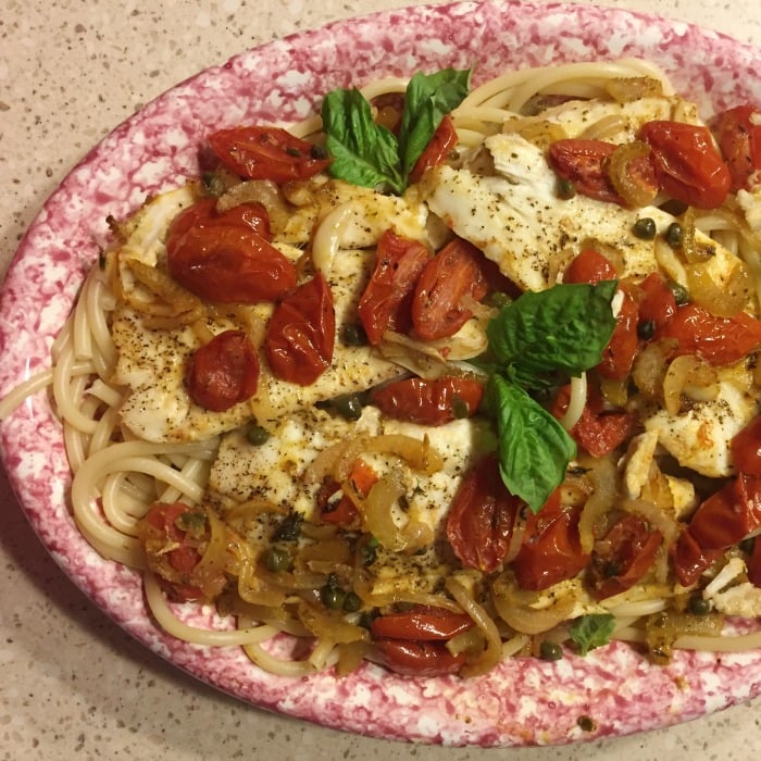 Baked Flounder Italian Style with Fresh Cherry Tomato Herb Sauce a quick and easy recipe