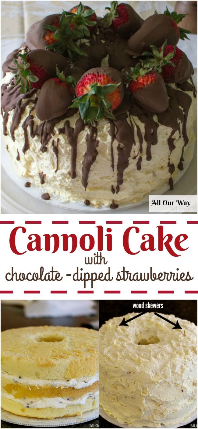 Cannoli Cake is inspired from its Sicilian namesake. Rich sweetened ricotta with chocolate chips fills the three layers and whipped cream frosts the dessert with chocolate dipped strawberries adorn the top. 