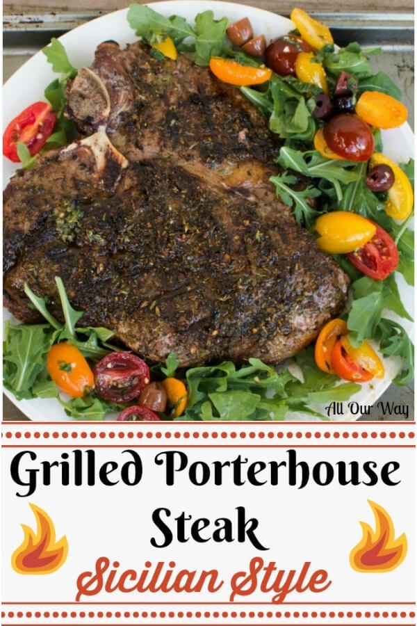 Thick grilled porterhouse steak Sicilian style marinated the thick steak in a fusion of southern Italian seasonings then serves with marinated tomatoes over arugula. #Tuscan_steak, #steak_Florentine, #Sicilian_style_steak, #how_to_grill_Porterhouse_steak, #grilled_steak, #marinated_steak, #allourway