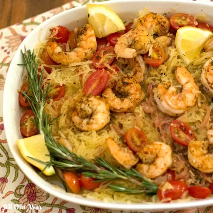 Sautéed shrimp with rosemary tomato combined with spaghetti squash. A tasty easy one-pan meal. 