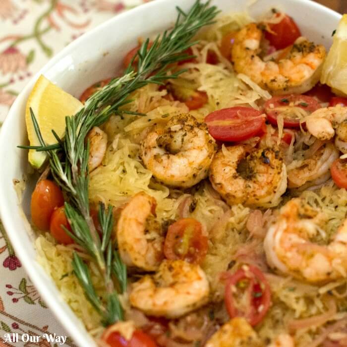 Sautéed shrimp with rosemary tomato combined with spaghetti squash. A tasty easy one-pan meal. 