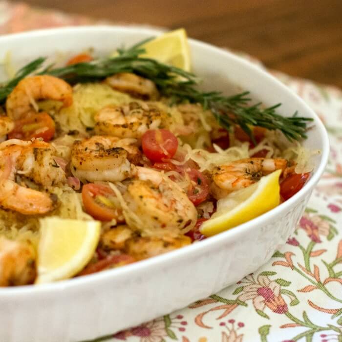 Sautéed shrimp with rosemary tomato combined with spaghetti squash. A tasty easy one-pan meal. 