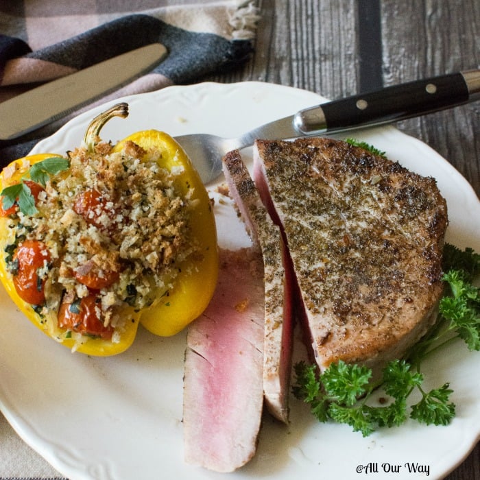 Orzo stuffed peppers Italian Style with pan-seared fresh tuna. 