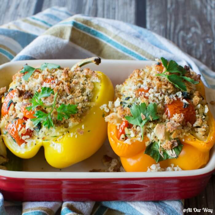 Orzo stuffed peppers Italian style with spinach and grape tomatoes
