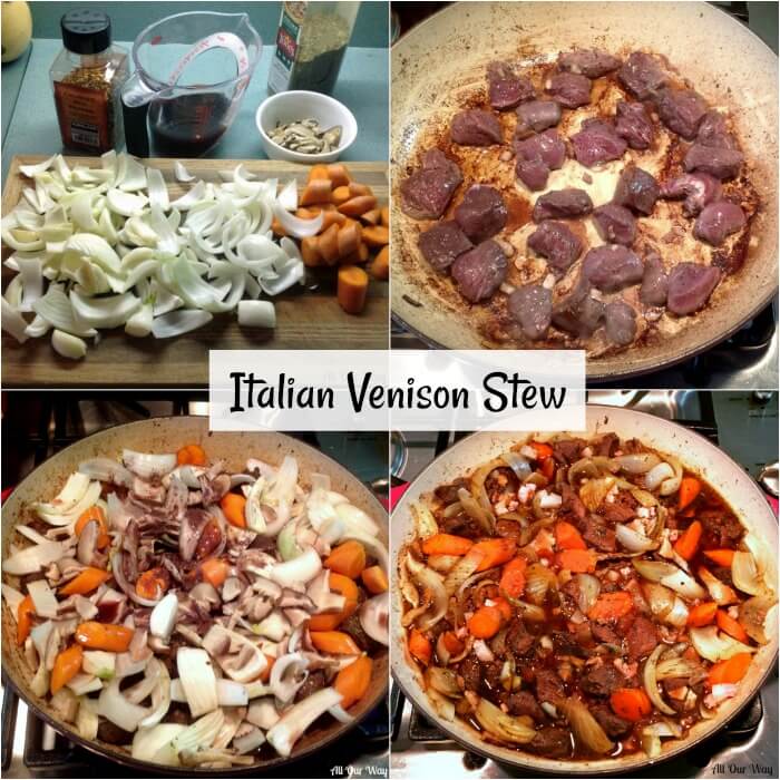 Italian Venison Stew Alla Montanara is a hearty deer stew made with red wine, porcini mushrooms, and bacon. 