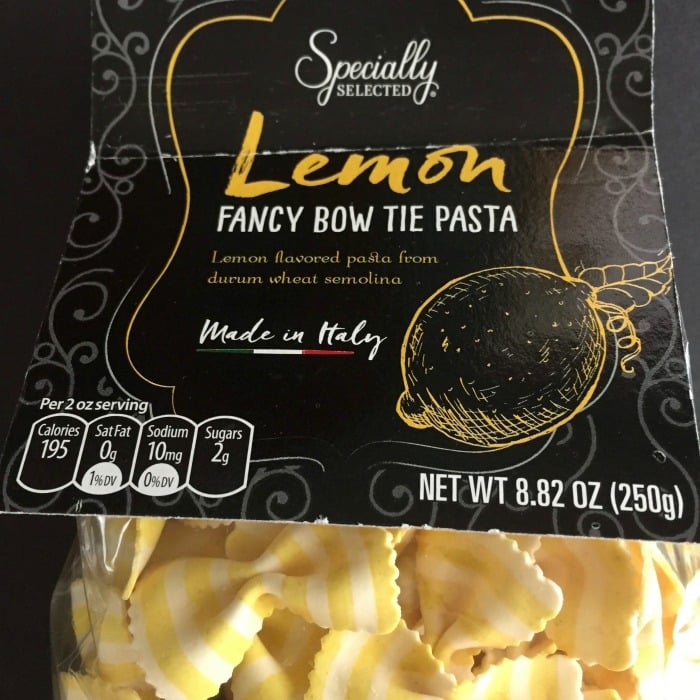 Yellow striped lemon farfalle pasta package.