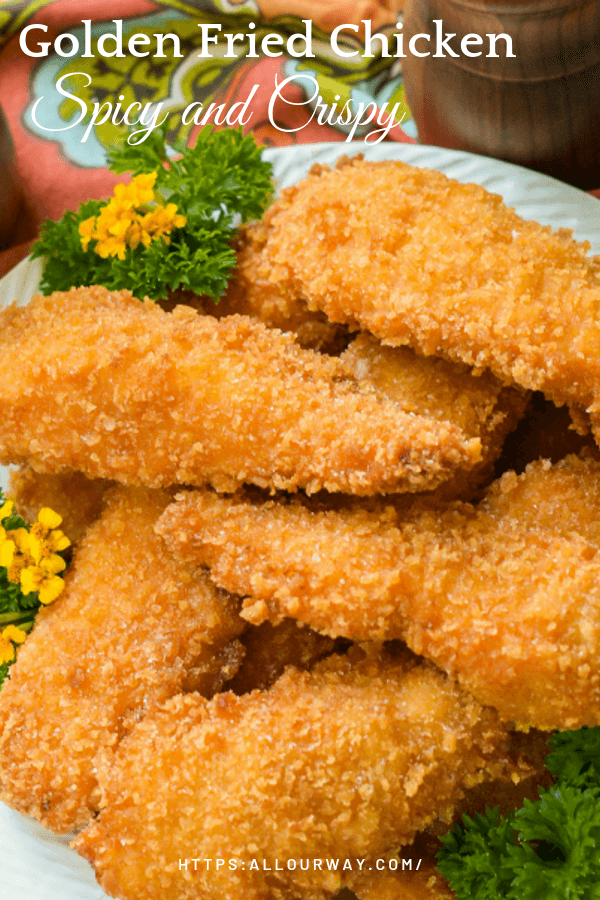 Crispy Fried Chicken cooks a golden brown while the meat inside is moist and tender with a spicy tang. It's delicious still warm and still good cold. Ideal for a picnic or gathering. #friedchicken, #crispychicken, #goldenbrownchicken #chickentenders, #pankocrust #maindish, #chickenmaindish, #entree, #allourway