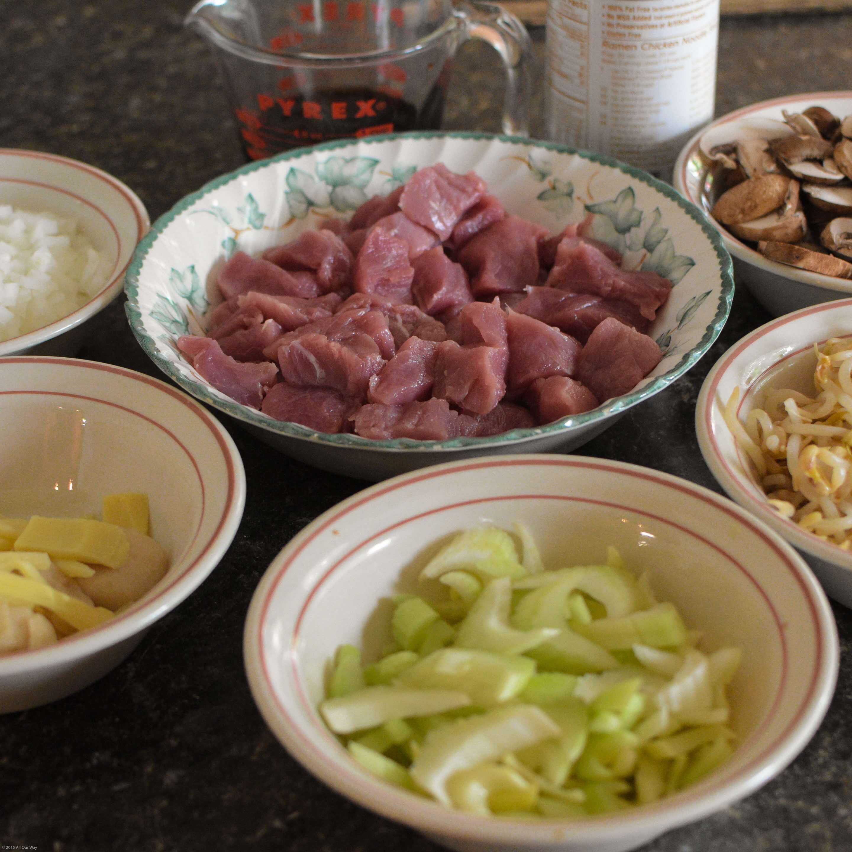 Chop Suey ingredients in bowls for Pork Chop Suey including pork chunks, celery slices, mushroom, onion, bamboo shoots, bean sprouts, soy sauce.