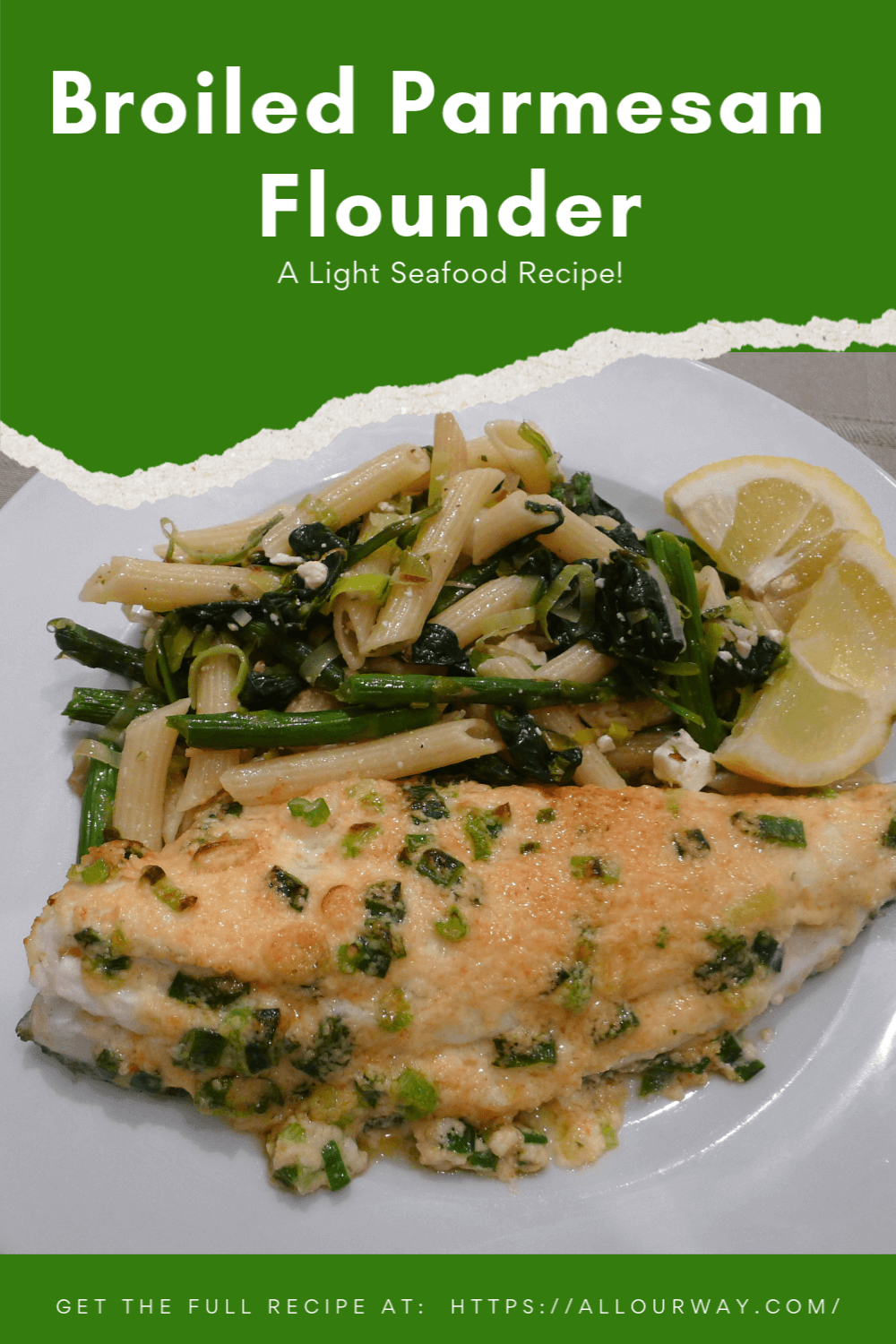 Delicious broiled flounder recipe. The fish is first brushed with lemon juice then topped with a coat of parmesan, butter, mayo, and green onion. The flavor is rich but the calories are low. This recipe is great on your menu during seafood night and Lent. #flounder, #broiledflounder, #parmesanbroiledseafood, #broiledfish, ##broiledseafood, #Lentenfishdinner, #easyfishdish, #lowcalorieseafood, #healthyseafood