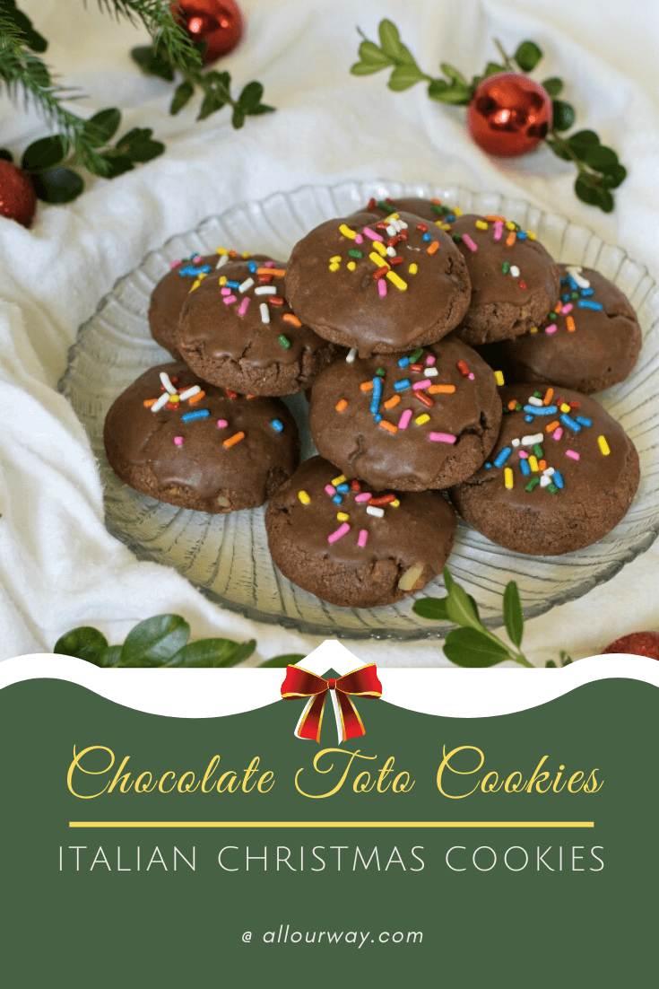 otos are Chocolate Italian Christmas cookies studded with chocolate chips and walnuts. Cinnamon, cloves, and pepper spice these delicious bicuits with an underlying note of orange and vanilla.#ItalianChristmasCookies, #peppercookies, #spicecookies, #meatballcookies, #totocookies, #Italianchocolatecookies, #holidaycookies, #Italiandessert