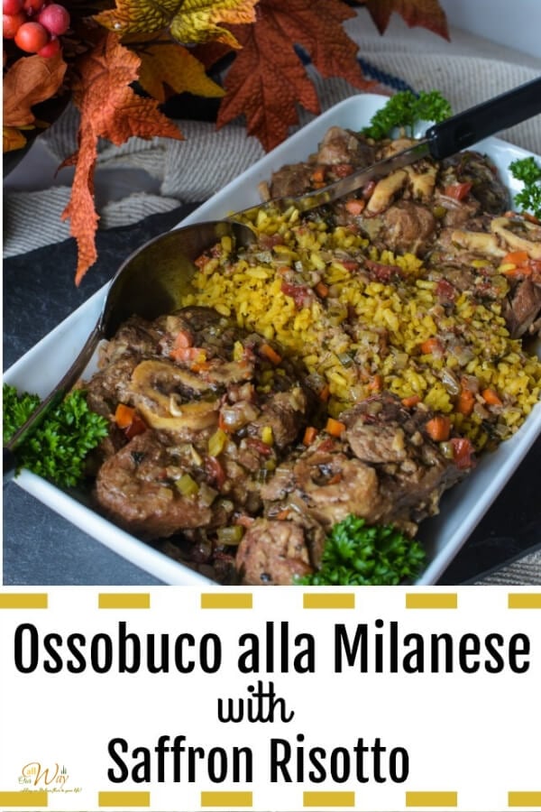 Four ossobuco alla Milanese in A white rectangle platter holding ossobuco with a rich wine sauce on top. Italian parsley surrounds the lamb shanks as a garnish. 