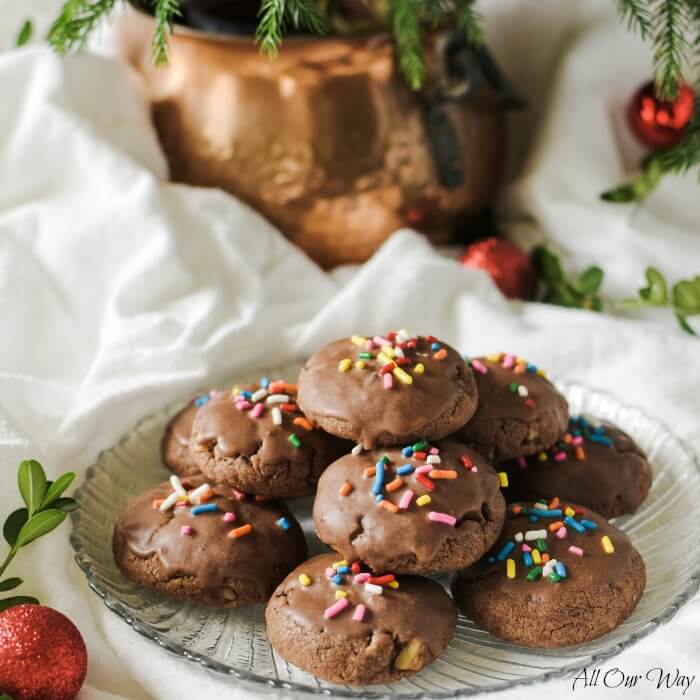 Italian Chocolate Toto cookies are spicy holiday treats filled with walnuts, mini-chocolate chips, spices, and flavored with orange. #cookies, #totos, #Chocolate_cookies, #Italian_Christmas_cookies, #Chocolate_Holiday_coookie, ##allourway