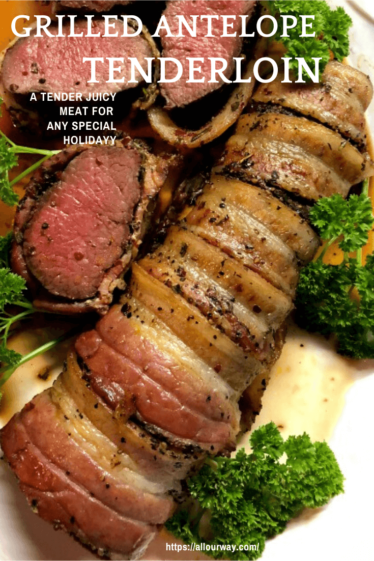 This is one of the tenderest pieces of meat we've ever eaten. It's first marinated in a delicious red wine marinade then season-salted and herb-rubbed, bacon-wrapped then slowly grilled until done. #antelope, #grilledtenderloin, #pronghorntenderloin, #howtogrillantelope, #grilledantelope