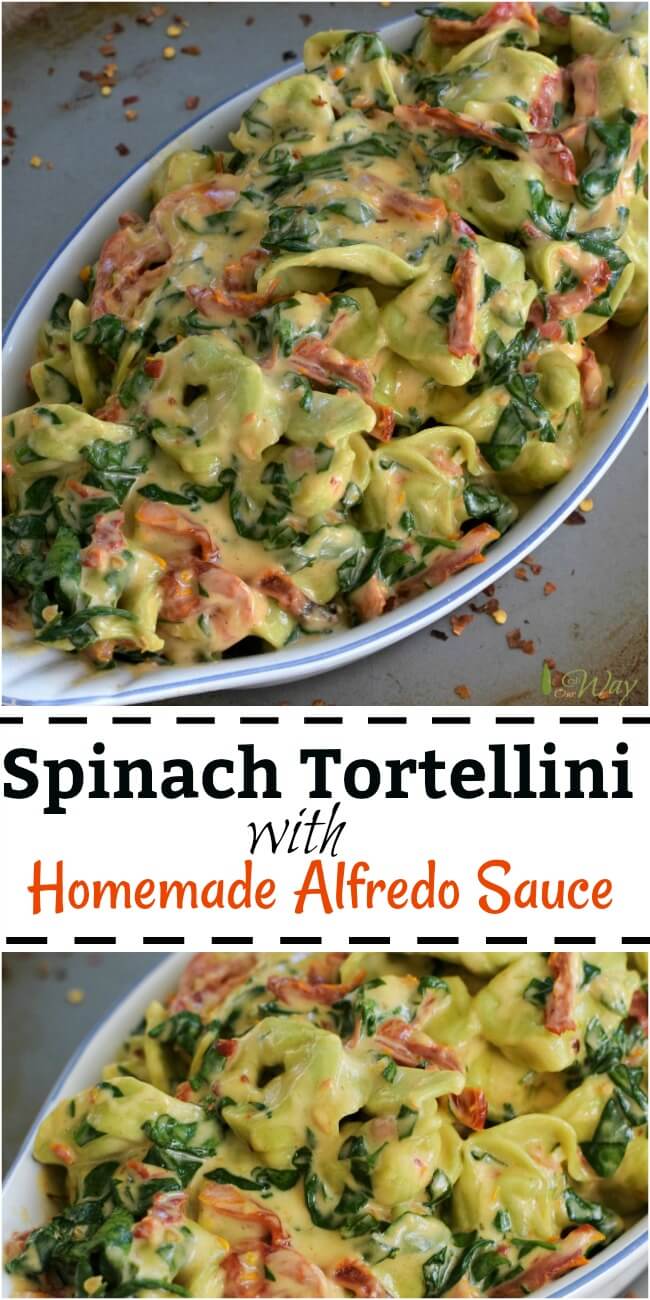 Spinach tortellini mixed with sun-dried tomatoes in a light homemade Alfredo sauce that is super creamy. #tortellini, #pasta, #spinach_tortellini, #one_pan_meal, #homemade_Alfredo_sauce, #spinach_pasta, #Alfredo_sauce
