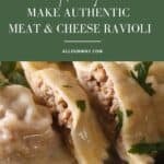 A close-up of the split ravioli showing the meat filling inside.