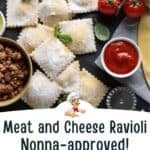 Share image for Facebook of the meat and cheese ravioli with a bowl of filling on the side.