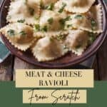 A bowl filled with Meat and cheese ravioli made from scratch.