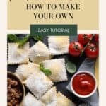 A step by step approach to making your own meat and cheese filled ravioli. Squares of ravioli pasta are placed on a black slate table.