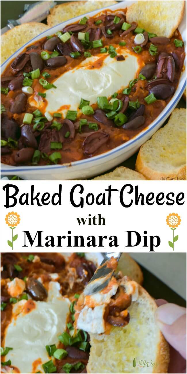 Collage of baked goat cheese marinara dip in a gratin dish and a man holding crostini with a dollop of the white and red appetizer. 