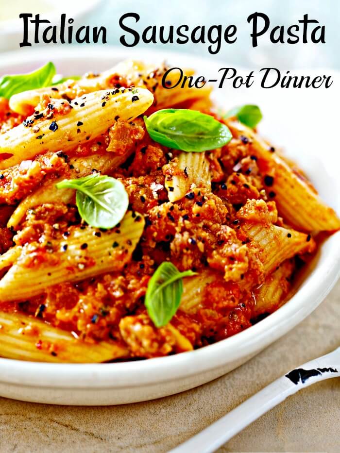 Close up of tomato and sausage covered penne pasta in a white bowl with basil leaves sprinkled on top.