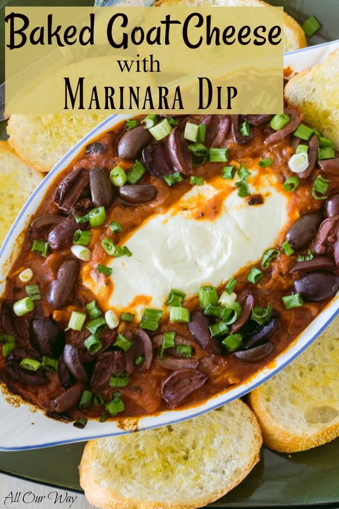 Baked Goat Cheese Marinara Dip with Caramelized Onions is a spicy appetizer that is served warm so that the rich creamy goat cheese spreads over crostini, or makes a soft dip for breadsticks. #appetizer, #baked_goat_cheese, #goat_cheese_dip, #goat_cheese_appetizer, #marinara_dip, #baked_goat_cheese_marinara