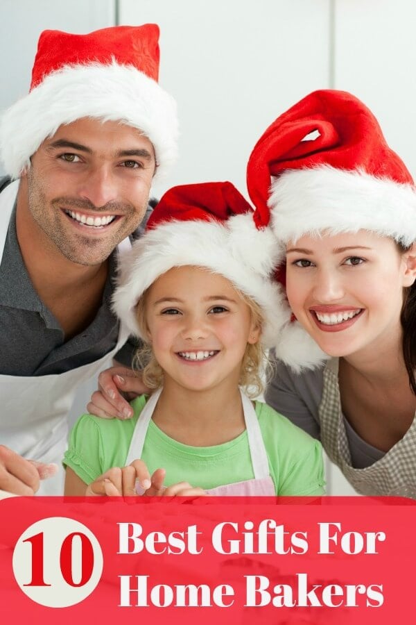 Best gifts for the home baker which includes a Man, woman, and young girl in the kitchen wearing aprons and red Santa Hats. They are baking cookies.