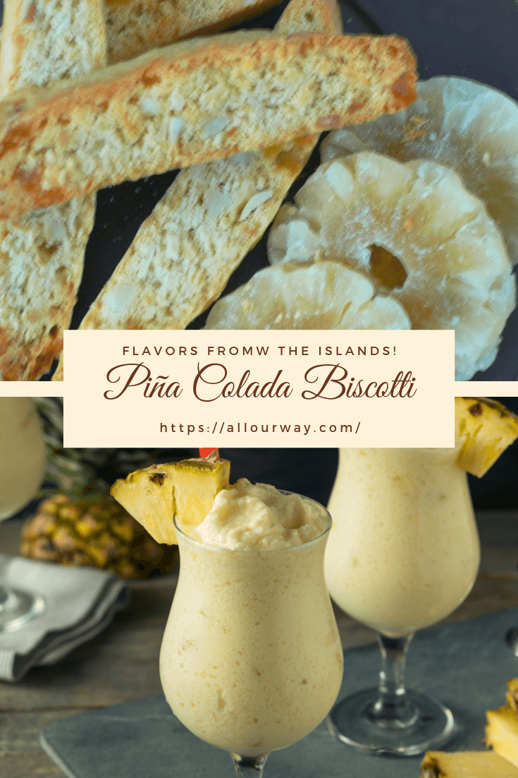 A crusty Italian double baked cookie that is given a tropical flavor with the addition of pineapple, coconut and macadamia nuts. If you like Pina coladas you'll love these double baked cookies. #biscotti, #doublebakedcookies, #cookies, #dessert, #Italiancookies, #coconutcookies, #pinacoladacookies