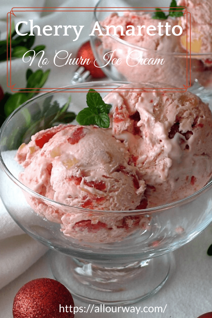 A delicious no-churn ice cream that is easy to make with cherry pie filling. It is rich and very elegant, perfect for beautiful ending to a holiday meal. Flavored with amaretto liqueur it is tasty and elegant. #icecream, #holidayfrozendessert, #cherryicecream, #amarettoicecream, #nochurnicecream, #cherryalmondicecream