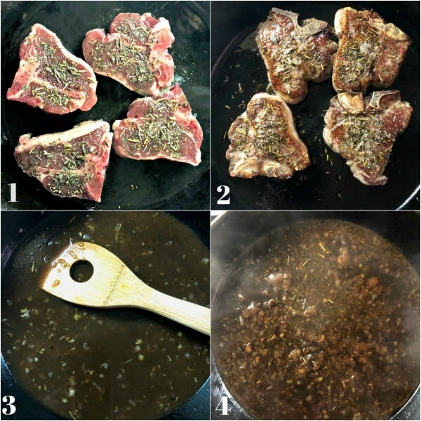 Collage of how to make Pork chops recipe. Cook meat on both sides then deglaze pan with vinegar and reduce liquid. 