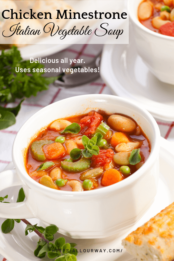 Two white bowls filled with chicken minestrone soup on a red and white plaid tea towel and sprig of oregano next to the bowl.