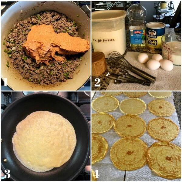 Beef enchiladas recipe collage showing the first four steps. 