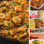 Collage of Shrimp Creole in pan, plate, and polenta in bowl.