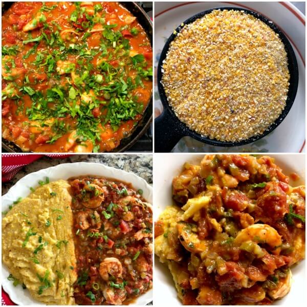 The fourth collage of steps to making Spicy Shrimp Creole with rustic Italian polenta. 