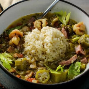 Louisiana Shrimp Gumbo in bowl with rice.