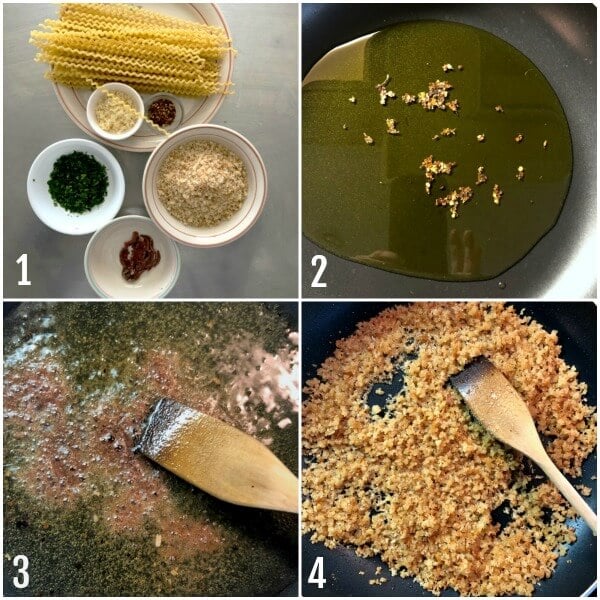 Collage of the first four steps to making St. Joseph Day pasta or Pasta with breadcrumbs.