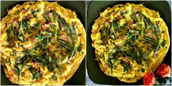 Collage of Asparagus frittata just out of the oven. 