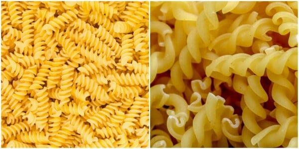 The photo on left is of a rotini pasta and the photo of the right is dry fusilli pasta. 