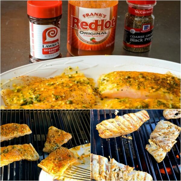 Collage of halibut ready to grill, on the grill and flipped to the other side and grilled. 