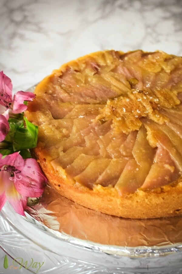 Slow Cooker Polenta Cake with Caramelized Pears is a rustic upside down cornmeal cake also called Amor Polenta or Dolce Varese. The teacake has a light lemon flavor that is perfect with a cup of coffee, espresso or tea. Add a dollop of whipped cream or ice cream and watch your guests request a second helping. #polentacake, #dessert, #upsidedowncake, #rusticcake, #allourway