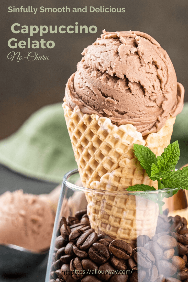 Cappuccino Gelato is easy creamy no churn coffee ice cream that is made by combining sweetened condensed milk with whipped cream and flavored with espresso and coffee liqueur. A nice after dinner treat as an affogato al caffe or simply a delicious treat in a dish or cone.