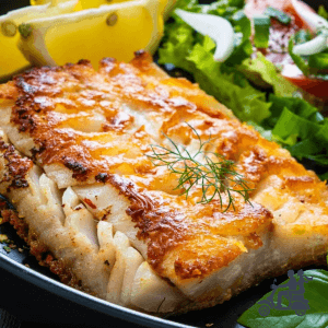 Grilled Halibut with lemon on a bed of greens.