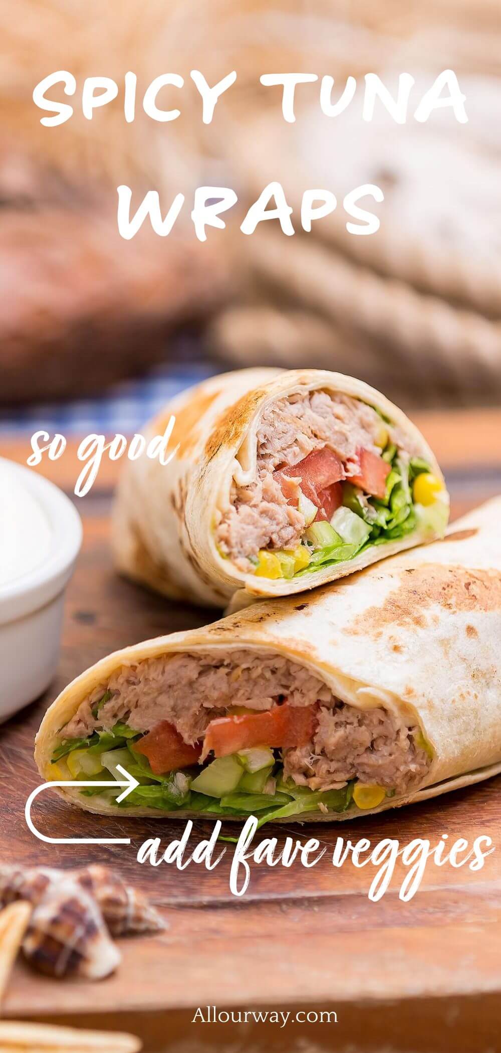 An excellent tuna salad recipe that starts that you can spice up to your taste. Works well in a wrap or slathered between slices of your favorite bread. This Tex-Mex version adds some corn and avocados. #tunasalad, #tunasaladsandwich, #tunasaladwrap, #tunawrap, #tunawraprecipe, #allourway