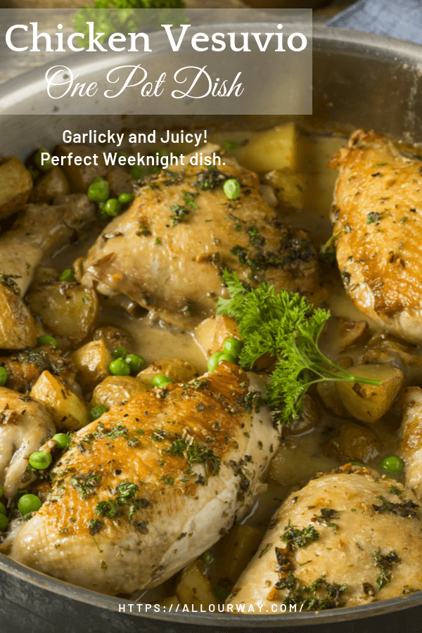 A garlicky and succulent chicken dish roasted with white wine, mushrooms, peas and baked potato wedges. Easy one-pan dish that cleans easily. The potatoes soak up the rich chicken flavored juice. #chickenrecipe, #chickenvesuvio, #onepanchicken, #weeknightchicken, #easychickendish.