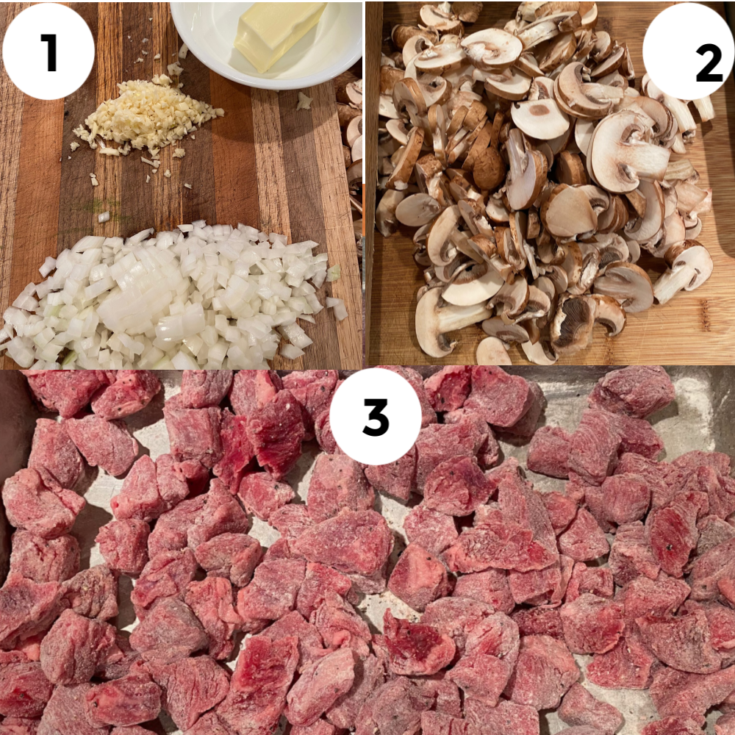 Collage of prepared beef, onion, garlic, and mushrooms for oup