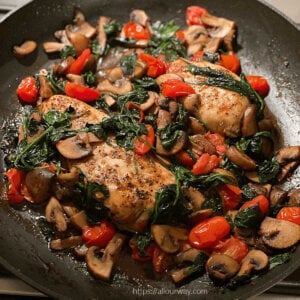 Chicken Florentine in skillet made with fresh spinach and halved grape tomatoes.